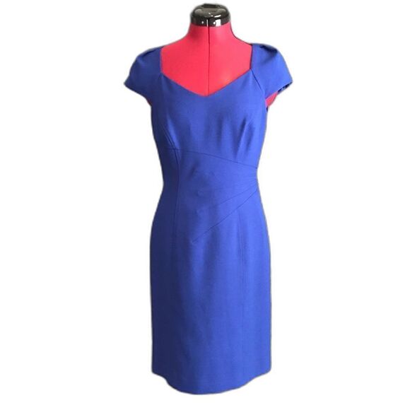 Tahari ASL Dress Women Size 4P Royal Blue Cap Sleeves Exposed Back Zipper Sheath - Picture 8 of 9